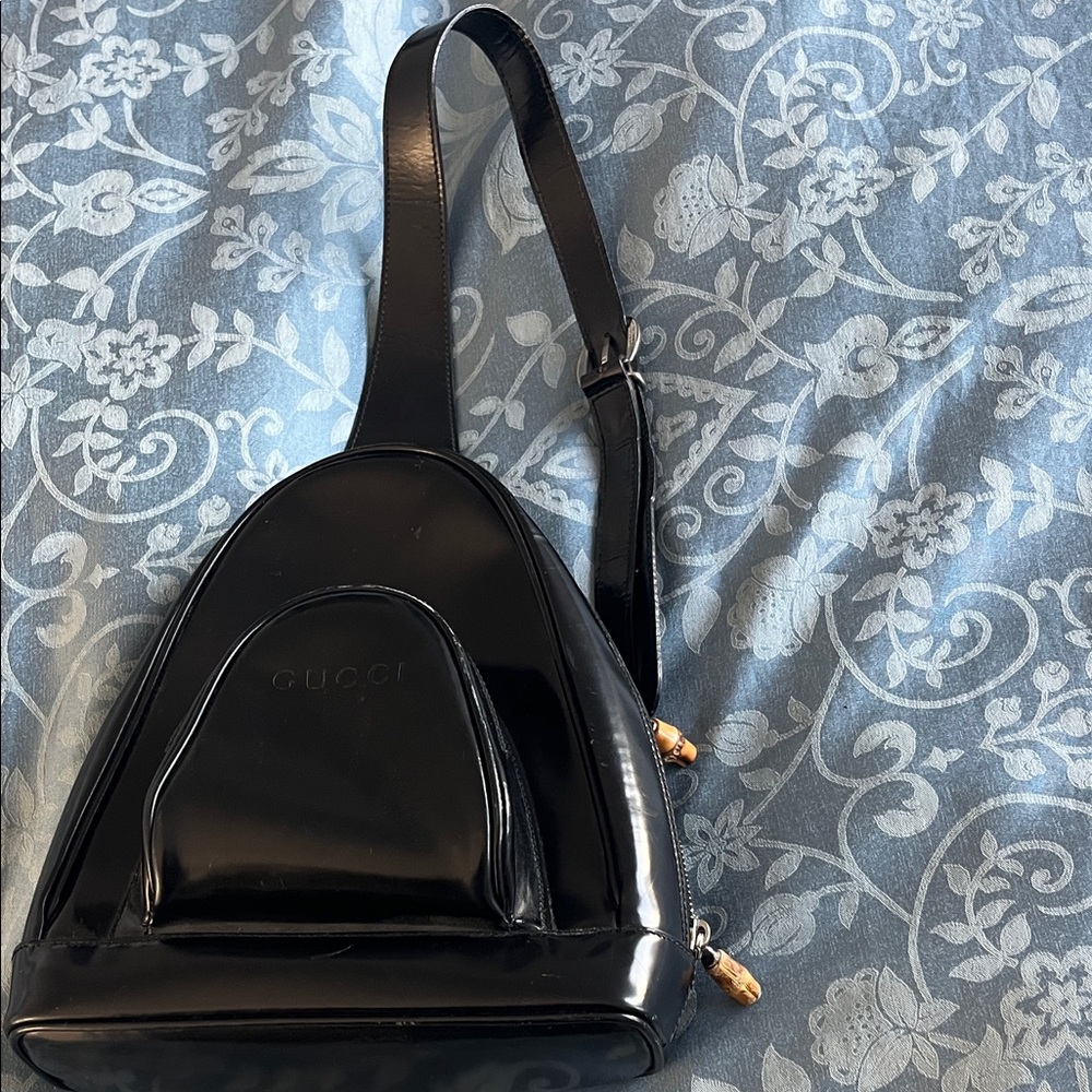 Vintage 1990s Gucci Patent Leather Single-Strap Sling Backpack bamboo zippers